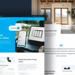 Kompozycja graficzna prezentująca stronę internetową z ofertą okien i drzwi, laptop z wizualizacją okna, oraz okno w ramce AR w realistycznym wnętrzu, podkreślająca możliwość wizualizacji produktów...
