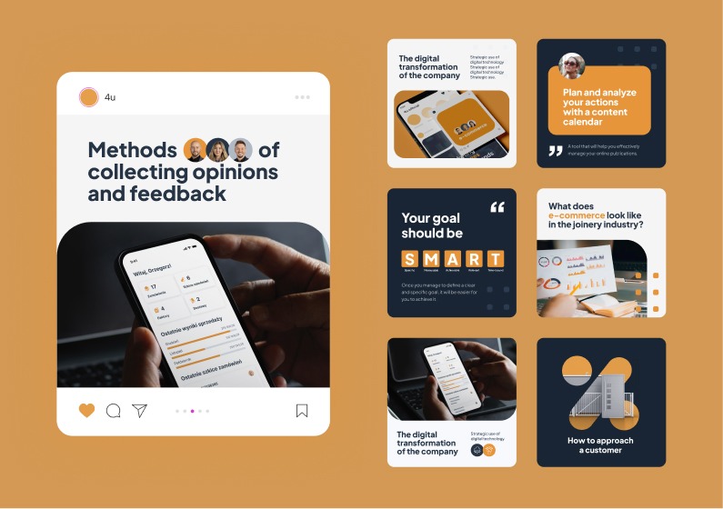 Kompozycja graficzna przedstawiająca post z Instagrama z nagłówkiem 'Methods of collecting opinions and feedback' oraz fragmentem interfejsu aplikacji mobilnej prezentującej dane statystyczne, obok...