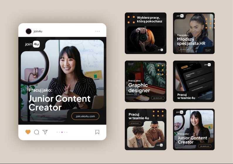 Kompozycja z sześciu kwadratowych grafik na kremowym tle, prezentująca ofertę pracy w firmie join4u, z różnymi stanowiskami, takimi jak Junior Content Creator, Graphic Designer i Młodszy...