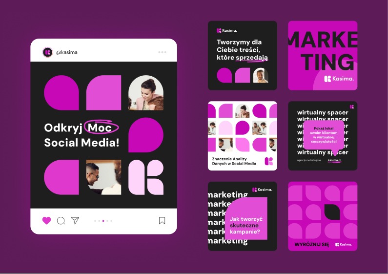 Graficzna prezentacja profilu marki Kasima na Instagramie, z hasłem 'Odkryj Moc Social Media!', otoczonym fioletowymi elementami graficznymi i miniaturami postów promujących tworzenie treści...