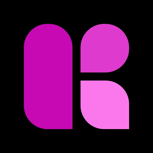 Abstrakcyjne logo w odcieniach różu na czarnym tle, przypominające stylizowaną literę 'R' lub połączenie dwóch elementów graficznych.