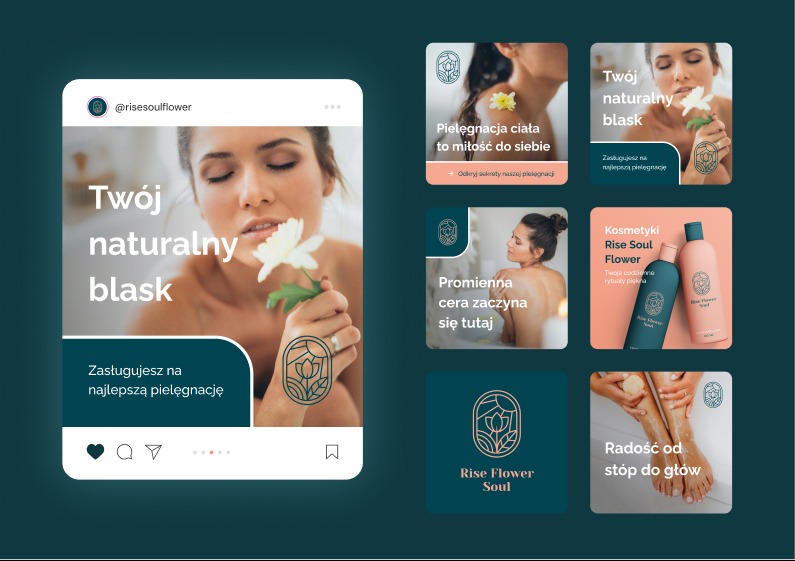 Grafika reklamowa kosmetyków Rise Flower Soul w formie kolażu postów z Instagrama, prezentująca hasła reklamowe: 'Twój naturalny blask', 'Pielęgnacja ciała to miłość do siebie', 'Promienna cera...
