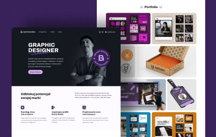 Portfolio graficzne prezentujące projekty: strona internetowa z wizerunkiem grafika, aplikacja mobilna z motywem fioletu, opakowanie kartonowe z nadrukiem, identyfikator z portretem.