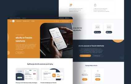 Prezentacja responsywnej strony internetowej na ekranie laptopa i smartfona, z motywem ekologicznym i pomarańczowo-granatową kolorystyką, ukazująca interfejs aplikacji mobilnej.