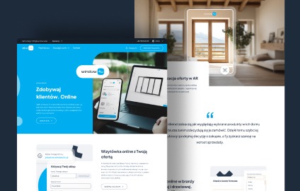 Kompozycja graficzna prezentująca stronę internetową z ofertą okien i drzwi, laptop z wizualizacją okna, oraz okno w ramce AR w realistycznym wnętrzu, podkreślająca możliwość wizualizacji produktów...