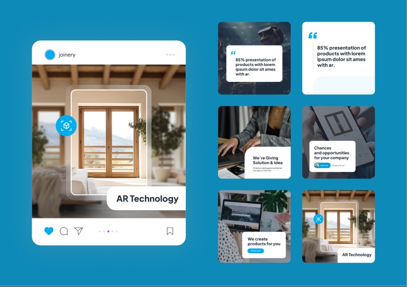 Mockup postu w social mediach prezentujący wizualizację drzwi z wykorzystaniem technologii AR w jasnym wnętrzu.