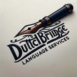 Stylizowana grafika pióra wiecznego nad napisem 'Dutch Bridge LANGUAGE SERVICES' z ozdobnymi zawijasami.