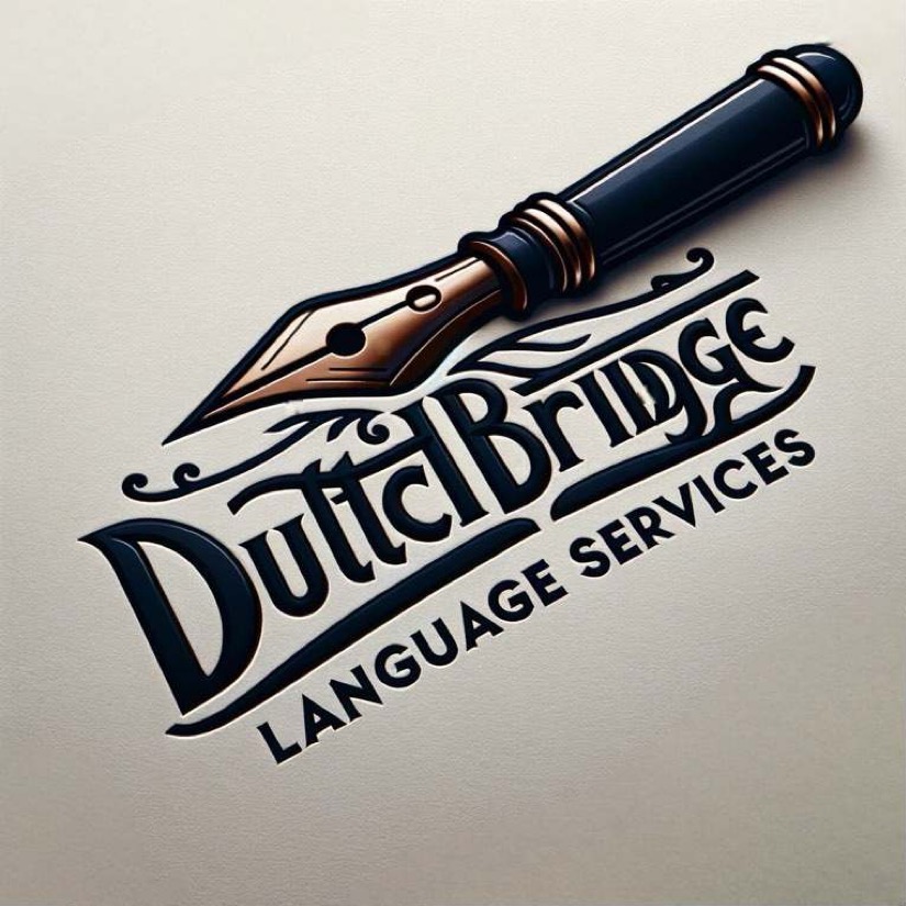 Stylizowana grafika pióra wiecznego nad napisem 'Dutch Bridge LANGUAGE SERVICES' z ozdobnymi zawijasami.