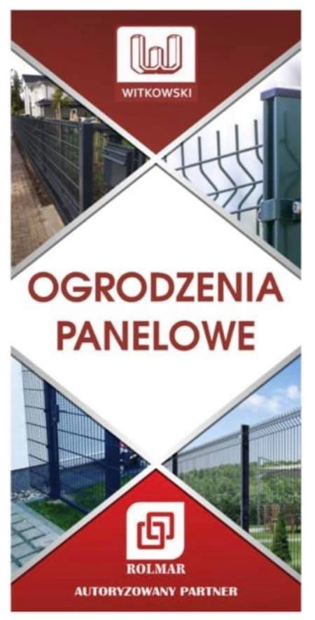 Folder reklamowy prezentujący różne ujęcia zamontowanych systemów ogrodzeniowych panelowych z logo firm Witkowski oraz Rolmar.