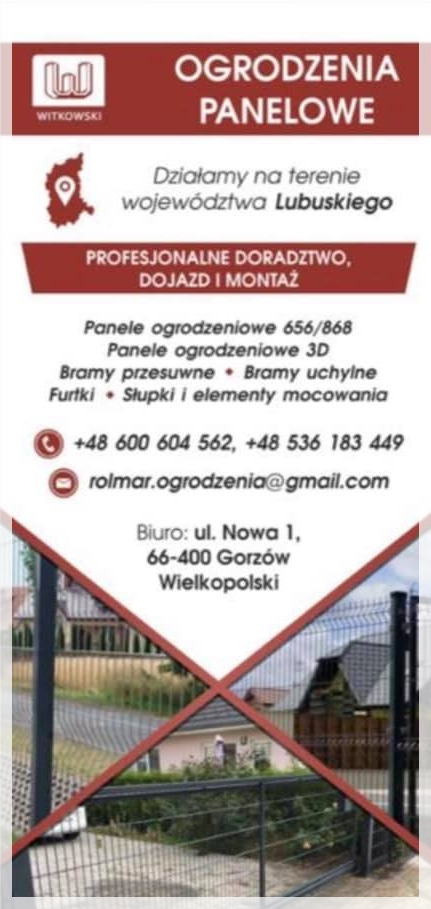 Grafika reklamowa firmy oferującej systemy ogrodzeniowe z paneli, obejmująca logo, dane kontaktowe oraz zdjęcie fragmentu zamontowanego ogrodzenia panelowego na tle domu.