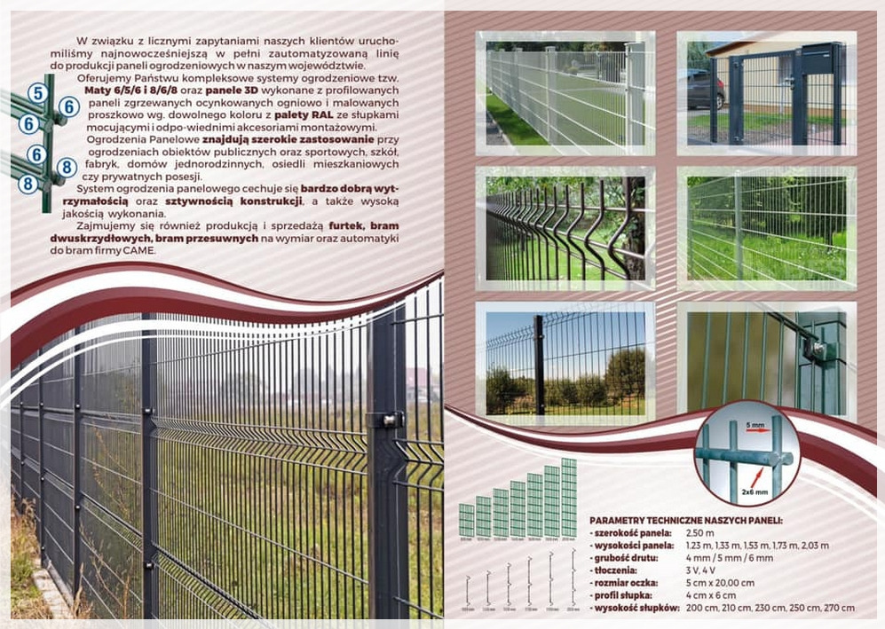 Katalog z ofertą ogrodzeń panelowych 3D, prezentujący różne warianty i parametry techniczne, w tym przekrój słupka i siatki, oraz przykładowe realizacje na posesjach.