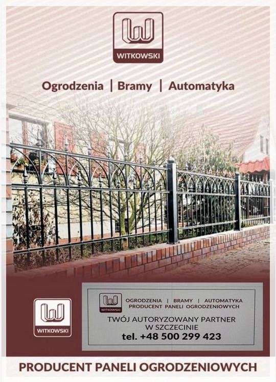 Grafika reklamowa prezentująca fragment ogrodzenia kutego z ceglaną podmurówką, logo firmy Witkowski oraz hasła Ogrodzenia, Bramy, Automatyka.