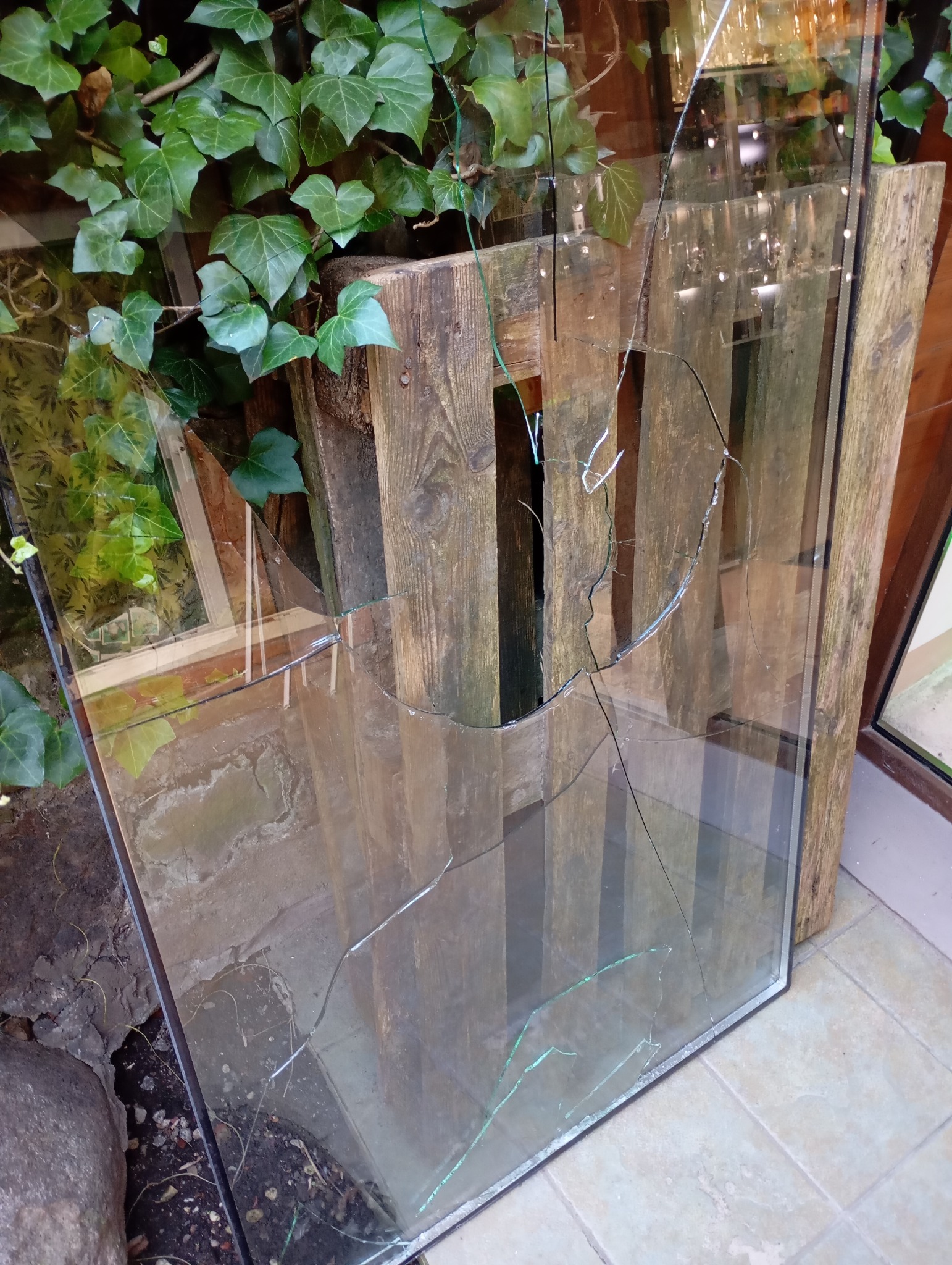 Pęknięta szyba okienna z widocznymi licznymi rysami i odłamkami, oparta o drewnianą paletę na zewnątrz budynku, z zielenią w tle.