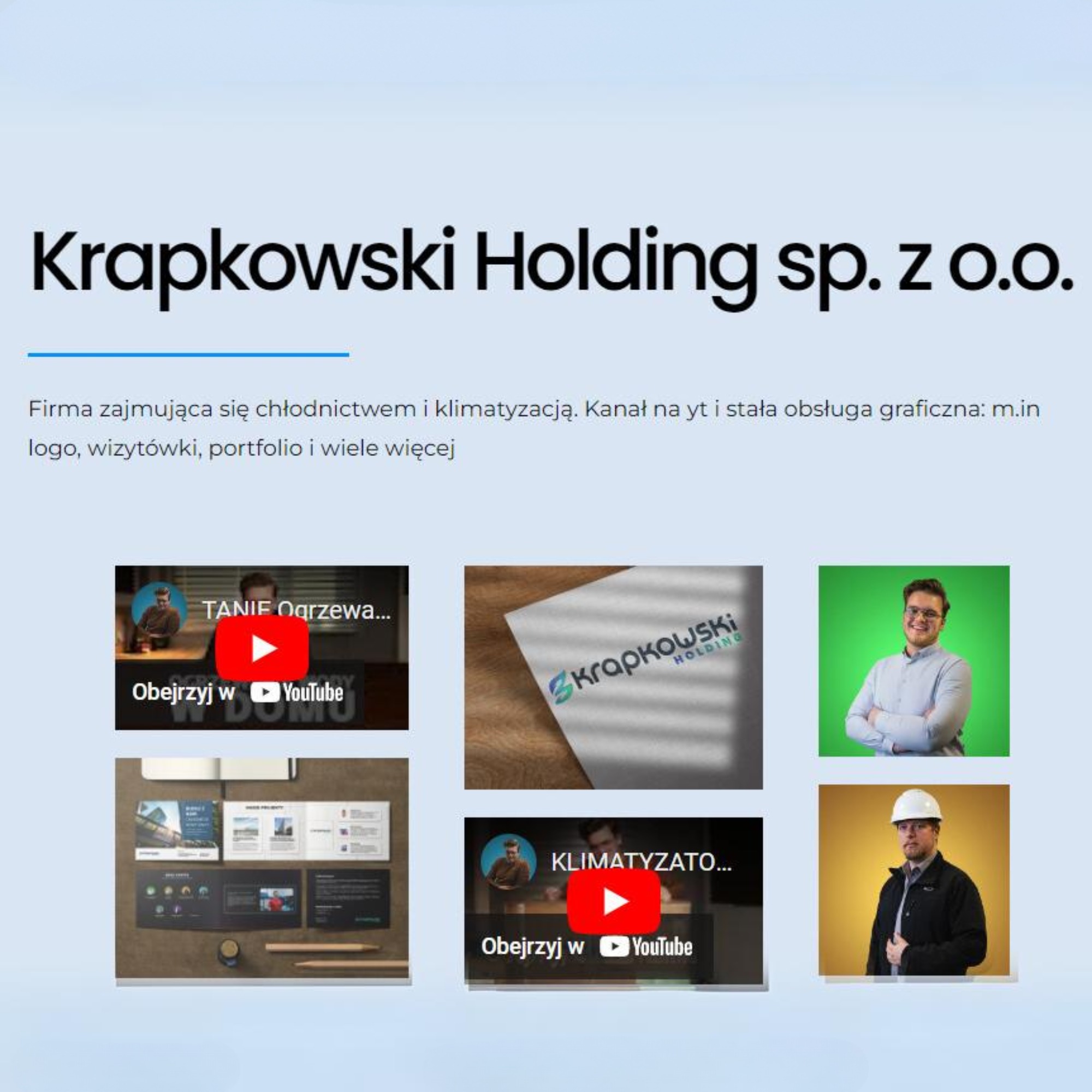 Prezentacja firmy Krapkowski Holding sp. z o.o. z miniaturami filmów z YouTube, wizytówką z logo i zdjęciami pracowników.