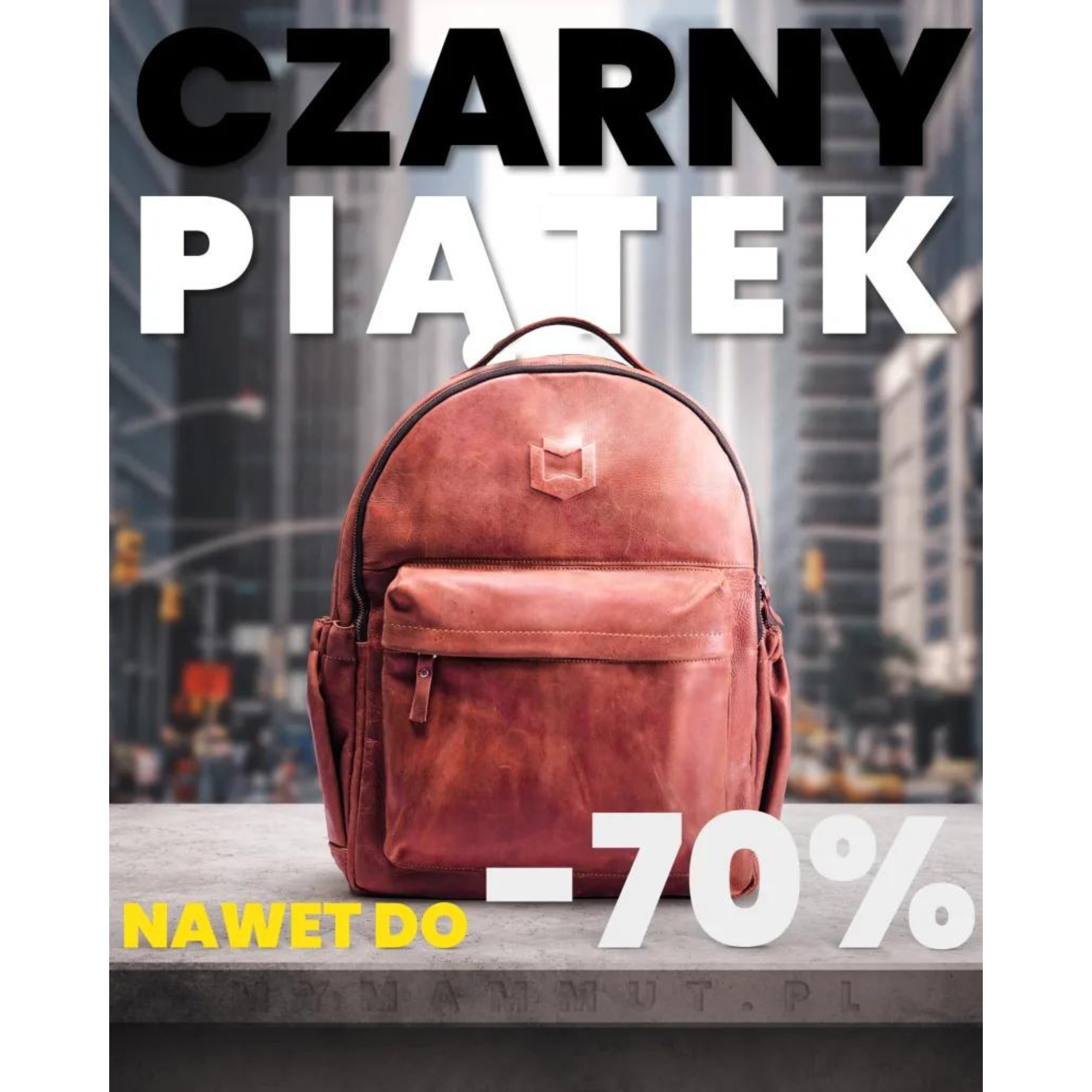 Brązowy skórzany plecak na tle rozmytego krajobrazu miejskiego, z napisem 'CZARNY PIĄTEK' u góry i 'NAWET DO -70%' na dole, promocyjna oferta.