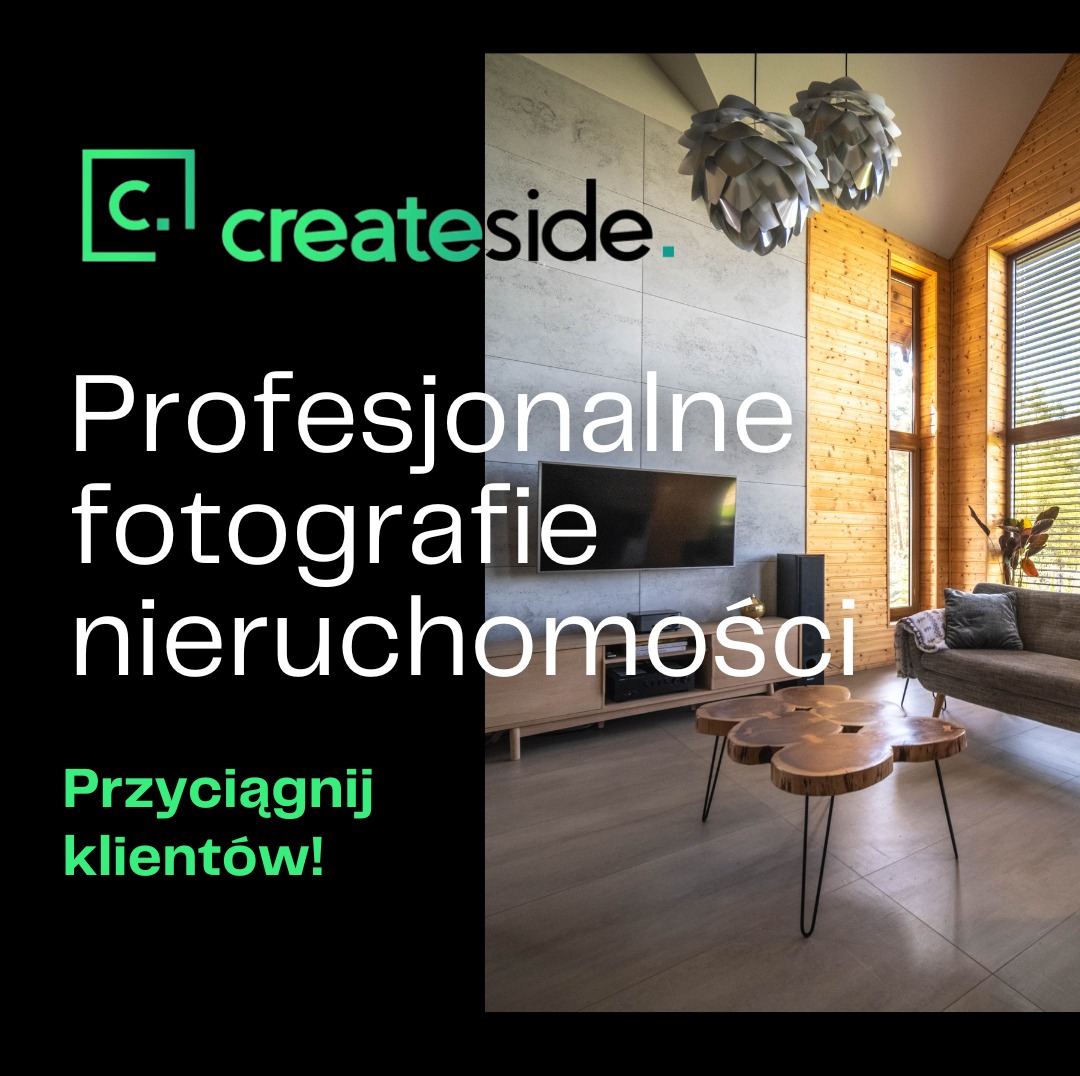 Profesjonalna fotografia wnętrza salonu z drewnianą boazerią, betonową ścianą, designerską lampą i stolikiem kawowym w kształcie kwiatu.