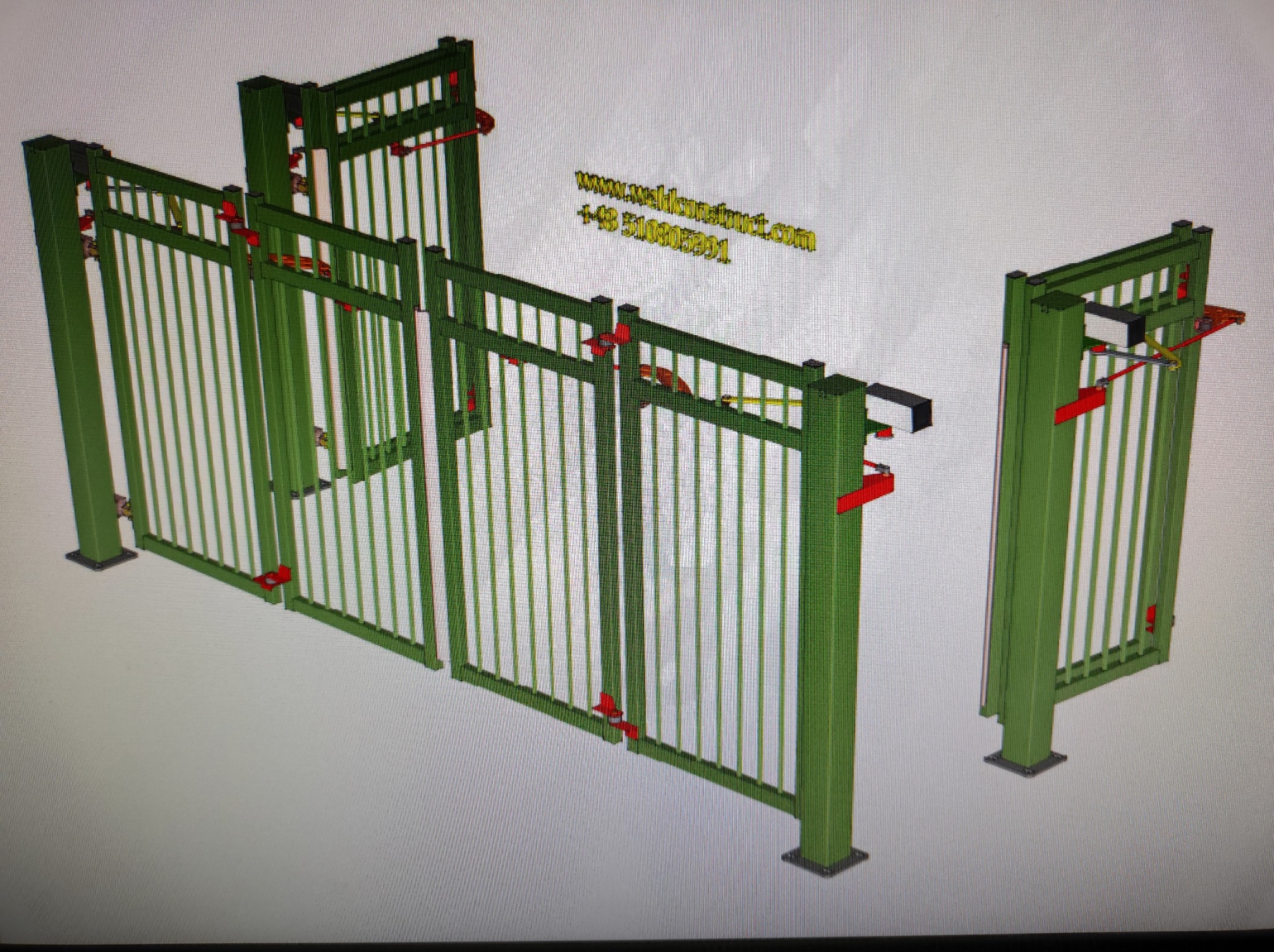 Model 3D zielonego ogrodzenia z metalowymi prętami, widoczne czerwone zamki, na górze strony internetowej i numer telefonu.