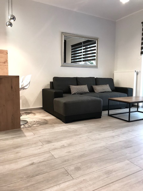 Nowoczesny salon z szarą sofą narożną, drewnopodobną podłogą, lustrem w srebrnej ramie i minimalistycznym stolikiem kawowym na tle białych ścian.