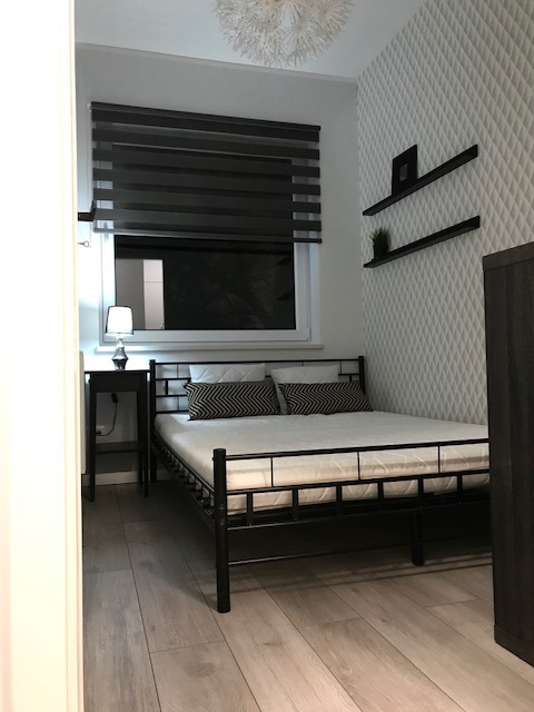 Nowoczesna sypialnia z czarną metalową ramą łóżka, drewnianą podłogą, lampką nocną na stoliku i geometryczną tapetą, oświetlona przez żyrandol w kształcie dmuchawca.