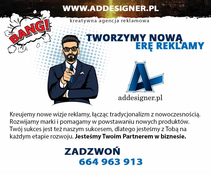 Grafika reklamowa agencji kreatywnej: rysunkowa postać w garniturze wskazuje palcem, hasło 'Tworzymy nową erę reklamy', logo firmy 'addesigner.pl' oraz numer telefonu.