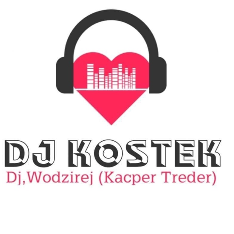 Logo DJ Kostek: słuchawki z sercem i budynkami, nazwa DJ, wodzirej Kacper Treder.