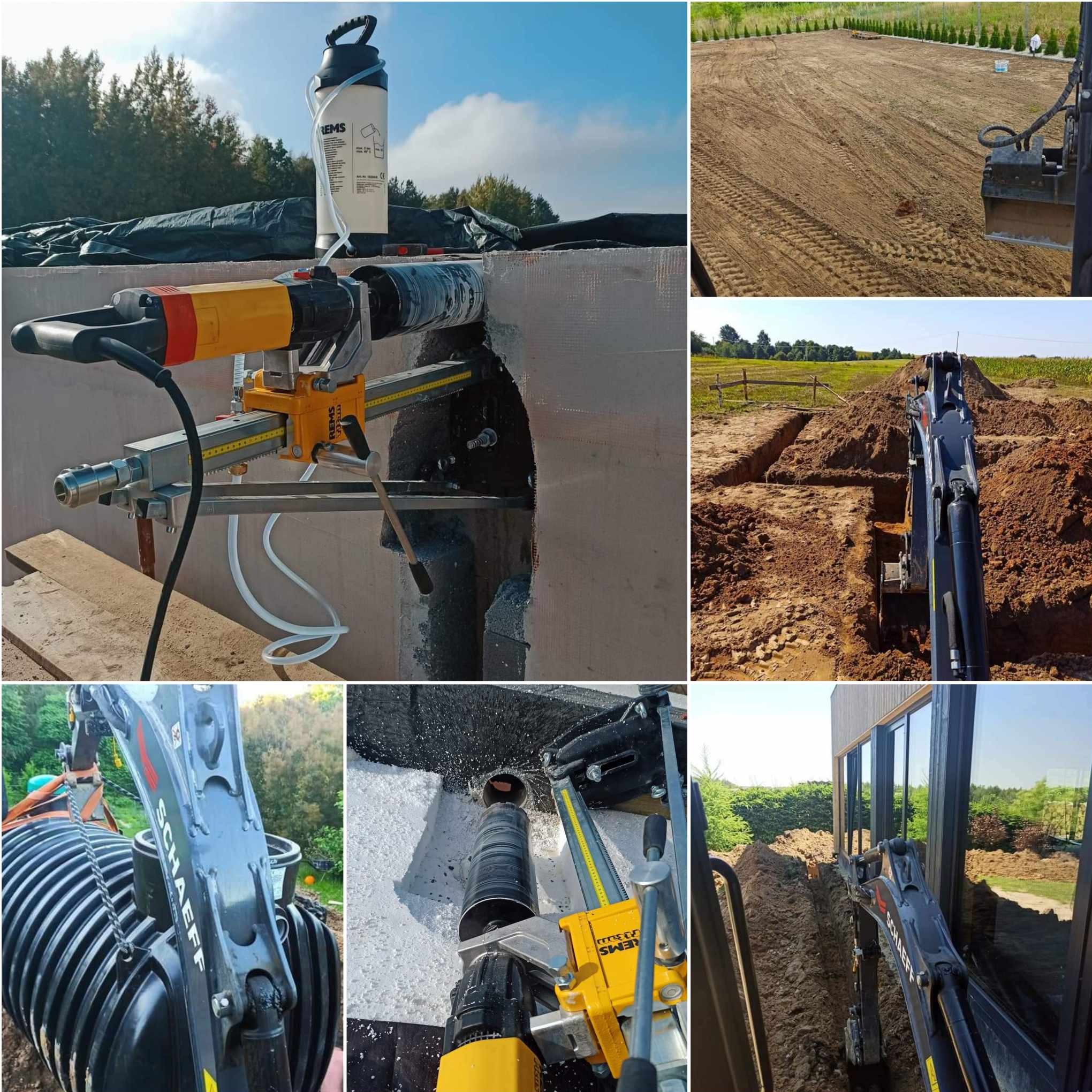 Kompozycja zdjęć przedstawiająca: wiertnicę rdzeniową REMS podczas wiercenia w betonie z użyciem wody, wyrównywanie terenu, kopanie rowu pod fundamenty, montaż szamba z użyciem koparki SCHAEFF...