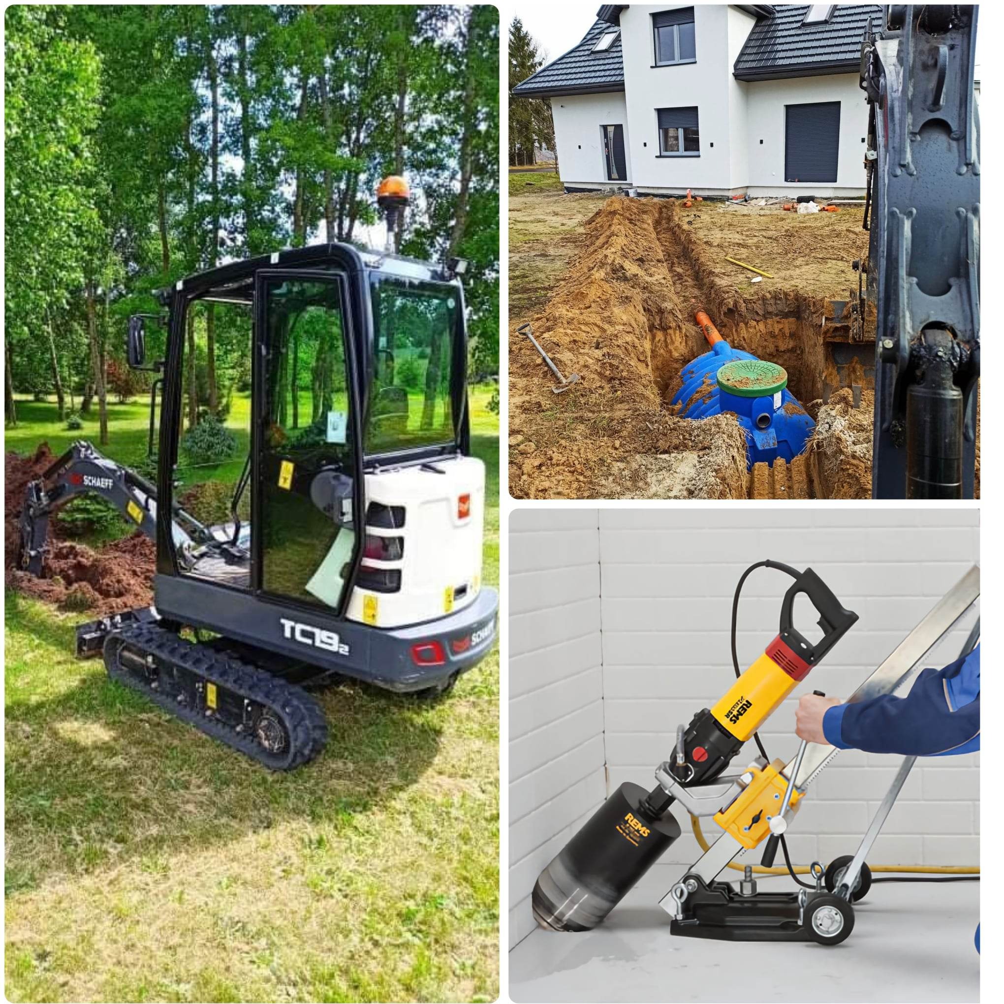 Kompaktowa mini koparka Schaeff TC19.2 w trakcie prac ziemnych na trawniku, wykop pod szambo z niebieskim zbiornikiem i zieloną pokrywą, w tle biały dom z szarą stolarką okienną, w prawym dolnym...