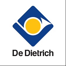 Logo De Dietrich: Niebieski romb z zaokrąglonymi rogami, żółte koło i biały element przypominający płomień, nazwa firmy pod spodem.