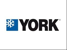 Logo firmy YORK z symbolem płatka śniegu w niebieskim kwadracie, czarny napis na białym tle.