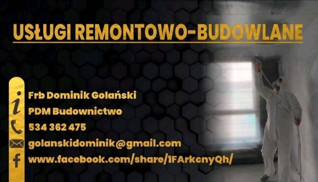 Usługi remontowo-budowlane: pracownik w kombinezonie maluje ścianę natryskowo. Widoczne dane kontaktowe firmy, logo i adres Facebook. Tło w heksagonalne wzory.