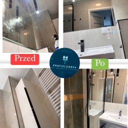 Tomasz Ejlak - Porównanie stanu kabiny prysznicowej przed i po czyszczeniu, prezentujące efekt mycia szkła z zacieków i osadów, z widocznym logo firmy sprzątającej nałożonym na zdjęcie.