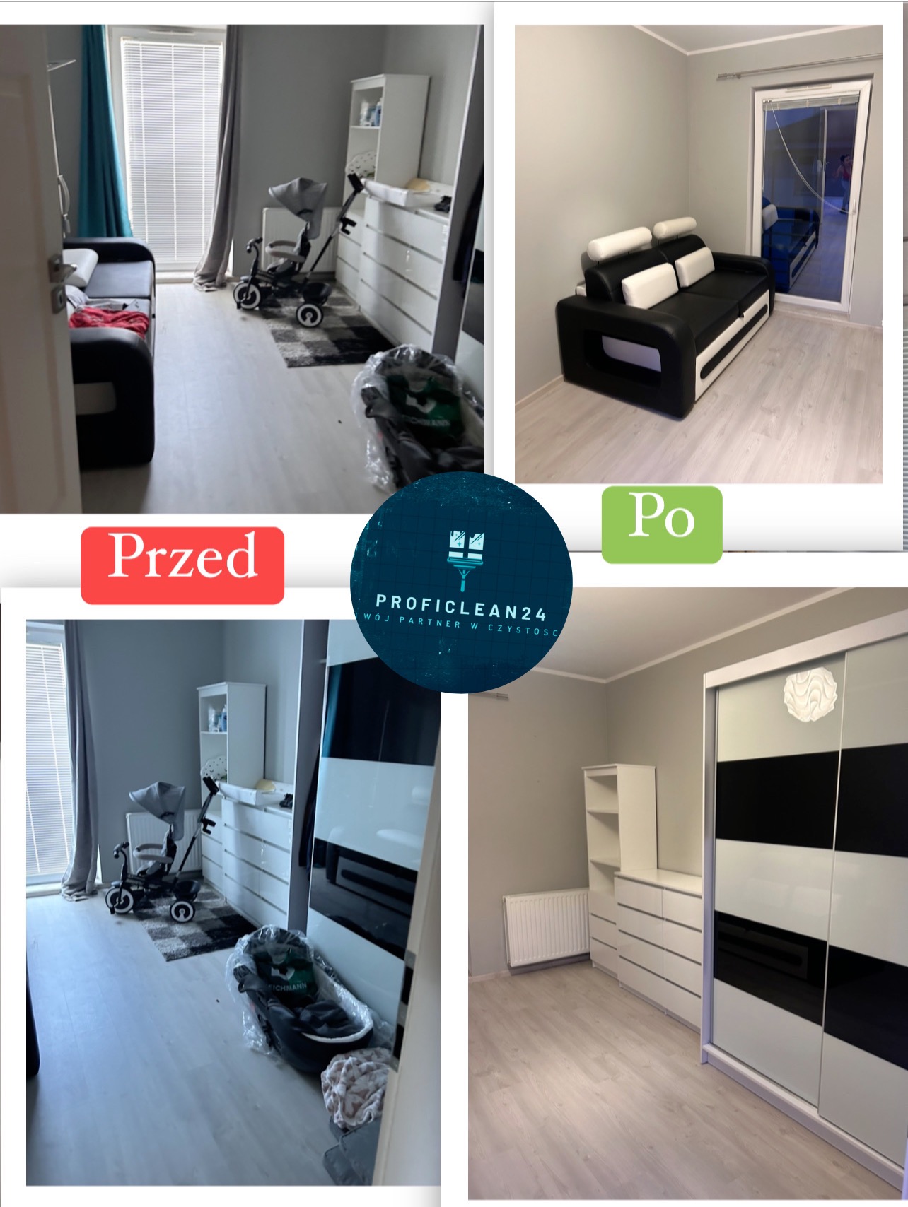 Kolaż przedstawia pokój dziecięcy przed i po. Po lewej stronie widoczny bałagan: zabawki, wózek, dywan. Po prawej stronie porządek: czysta podłoga, pusta przestrzeń. Na środku logo firmy sprzątającej.