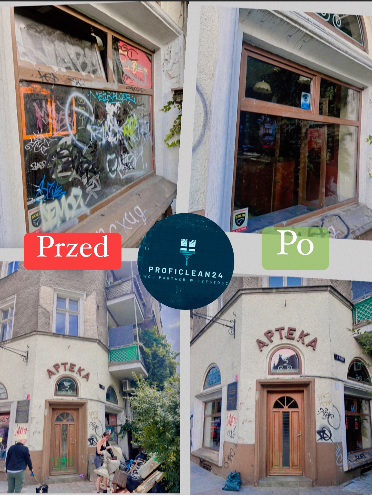 Porównanie stanu okna apteki przed i po usunięciu graffiti i zabrudzeń, widoczne również opróżnione śmieci przed wejściem, z logo firmy sprzątającej w centrum.