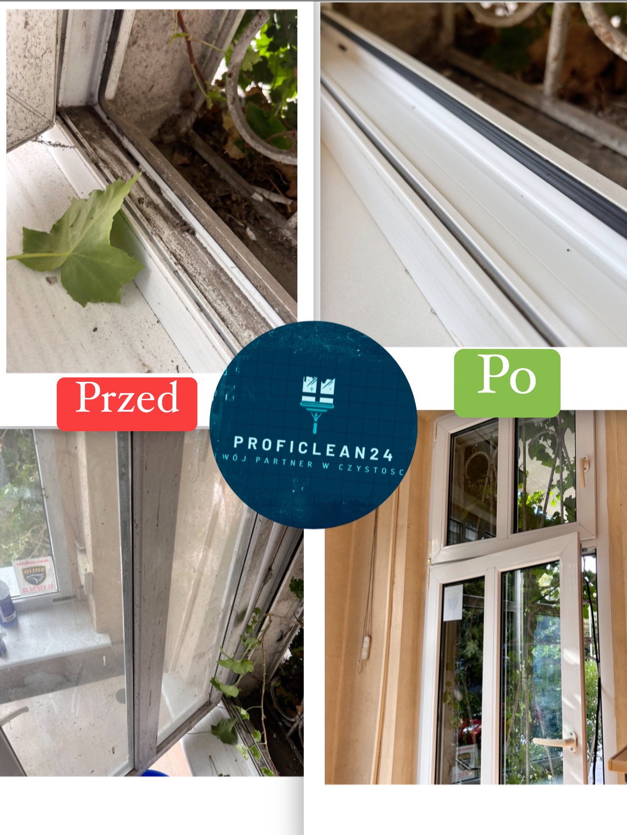 Zestawienie zdjęć okna przed i po czyszczeniu, z widocznym brudem i liściem na parapecie przed, oraz czystym oknem z widokiem na zieleń po.