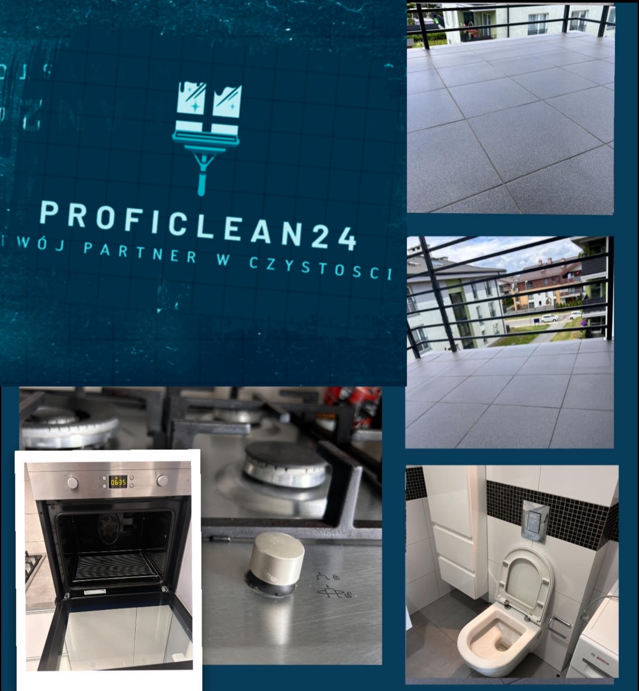 Kompozycja zdjęć prezentująca logo firmy sprzątającej PROFICLEAN24, czysty balkon z szarymi płytkami, wnętrze piekarnika, płytę kuchenną z pokrętłem oraz toaletę z czarno-białymi kafelkami.