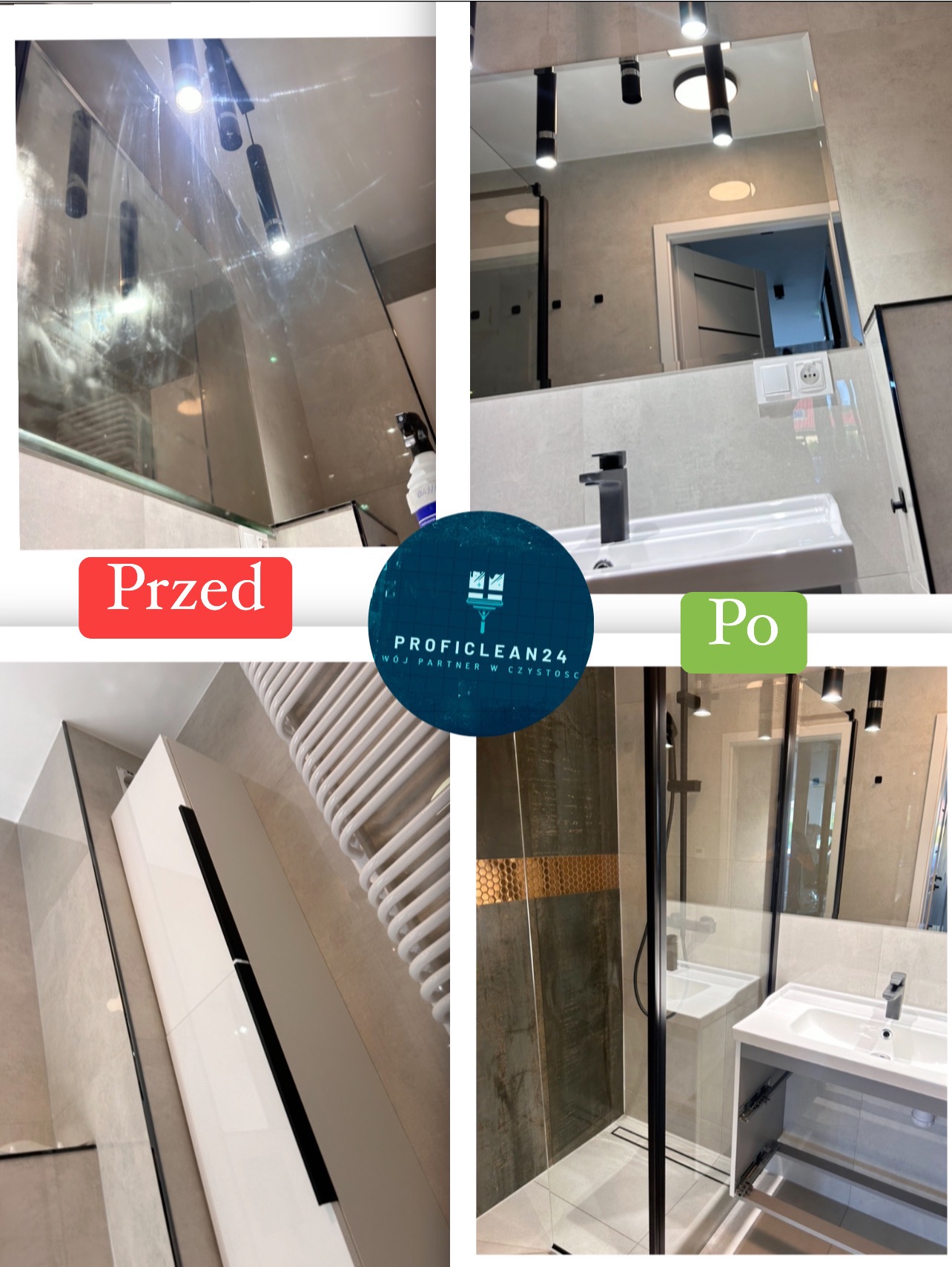 Porównanie stanu kabiny prysznicowej przed i po czyszczeniu, prezentujące efekt mycia szkła z zacieków i osadów, z widocznym logo firmy sprzątającej nałożonym na zdjęcie.