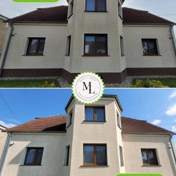 Mycie Ciśnieniowe Marcel Libera - Dom jednorodzinny przed i po czyszczeniu elewacji, widoczne wyraźne różnice w kolorze i czystości tynku, zieleń trawnika w podobnym stanie w obu ujęciach.