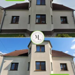 Dom jednorodzinny przed i po czyszczeniu elewacji, widoczne wyraźne różnice w kolorze i czystości tynku, zieleń trawnika w podobnym stanie w obu ujęciach.