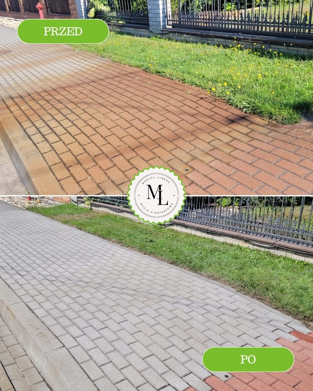 Porównanie kostki brukowej przed i po czyszczeniu: brudna, czerwono-brązowa kostka z mchem kontra czysta, szara kostka brukowa. Widoczny trawnik i ogrodzenie.