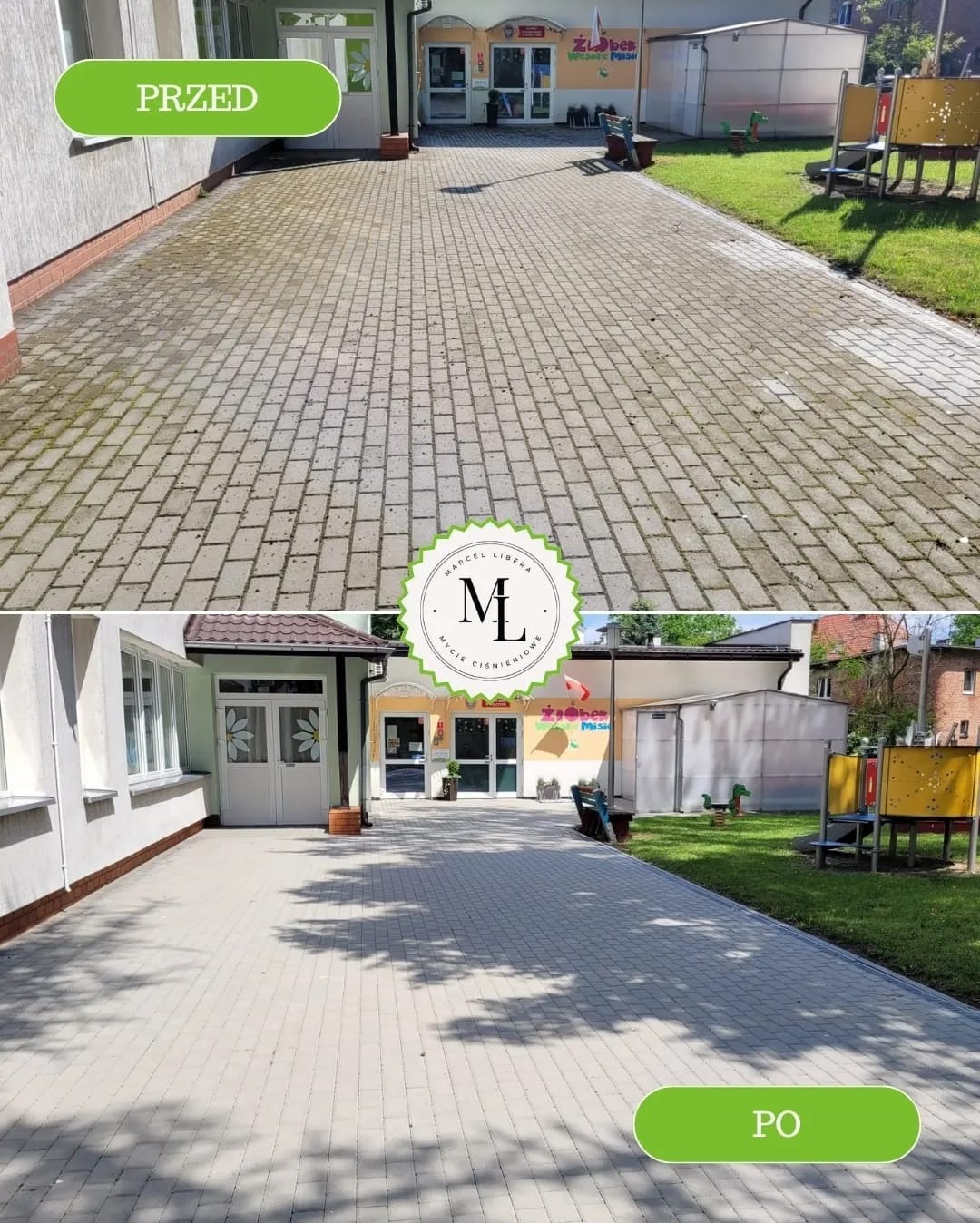 Porównanie stanu kostki brukowej przed i po czyszczeniu na terenie przedszkola, widoczne różnice w kolorze i czystości nawierzchni.