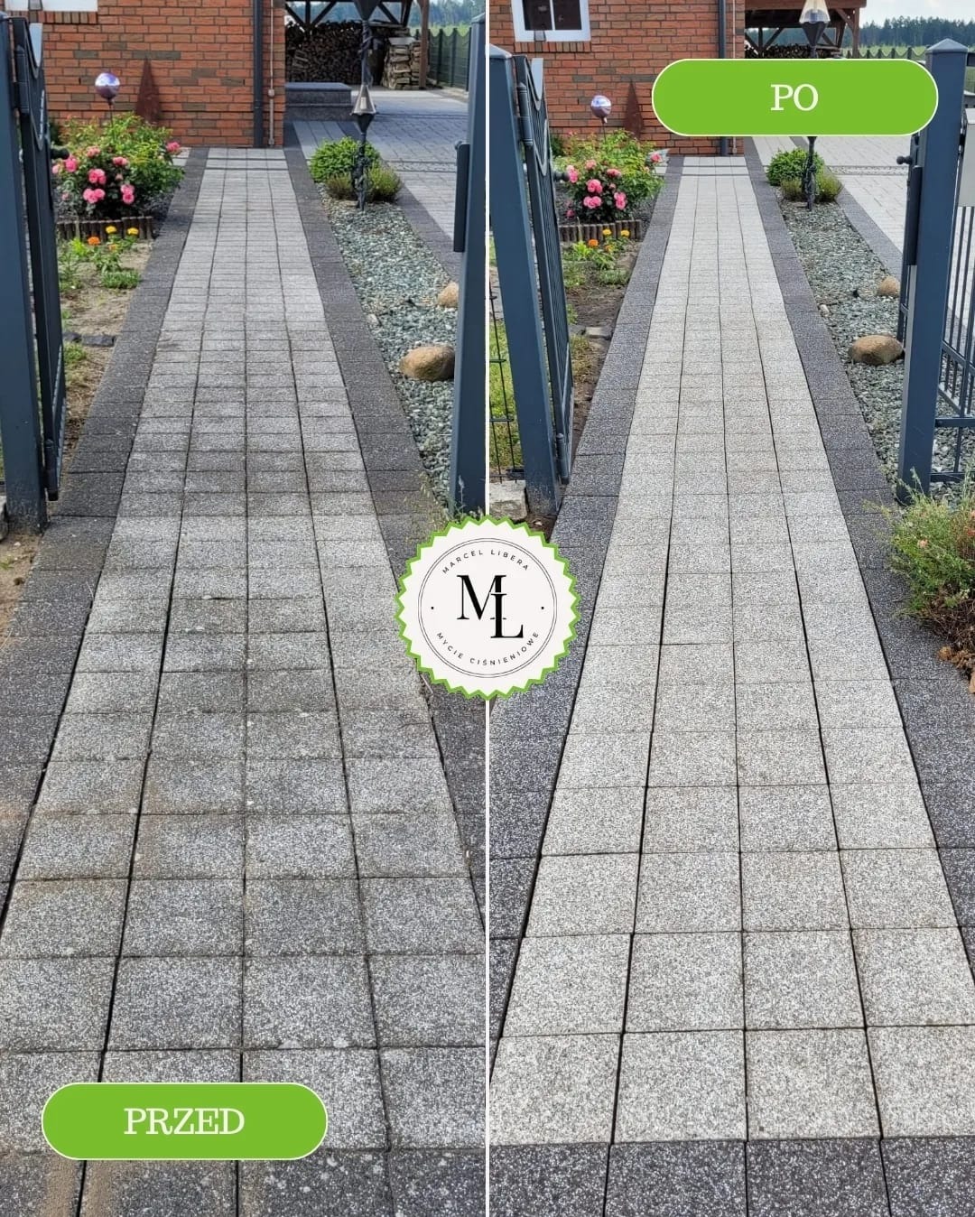 Porównanie stanu kostki brukowej przed i po myciu ciśnieniowym, widoczne znaczne usunięcie zabrudzeń i odzyskanie pierwotnego koloru.