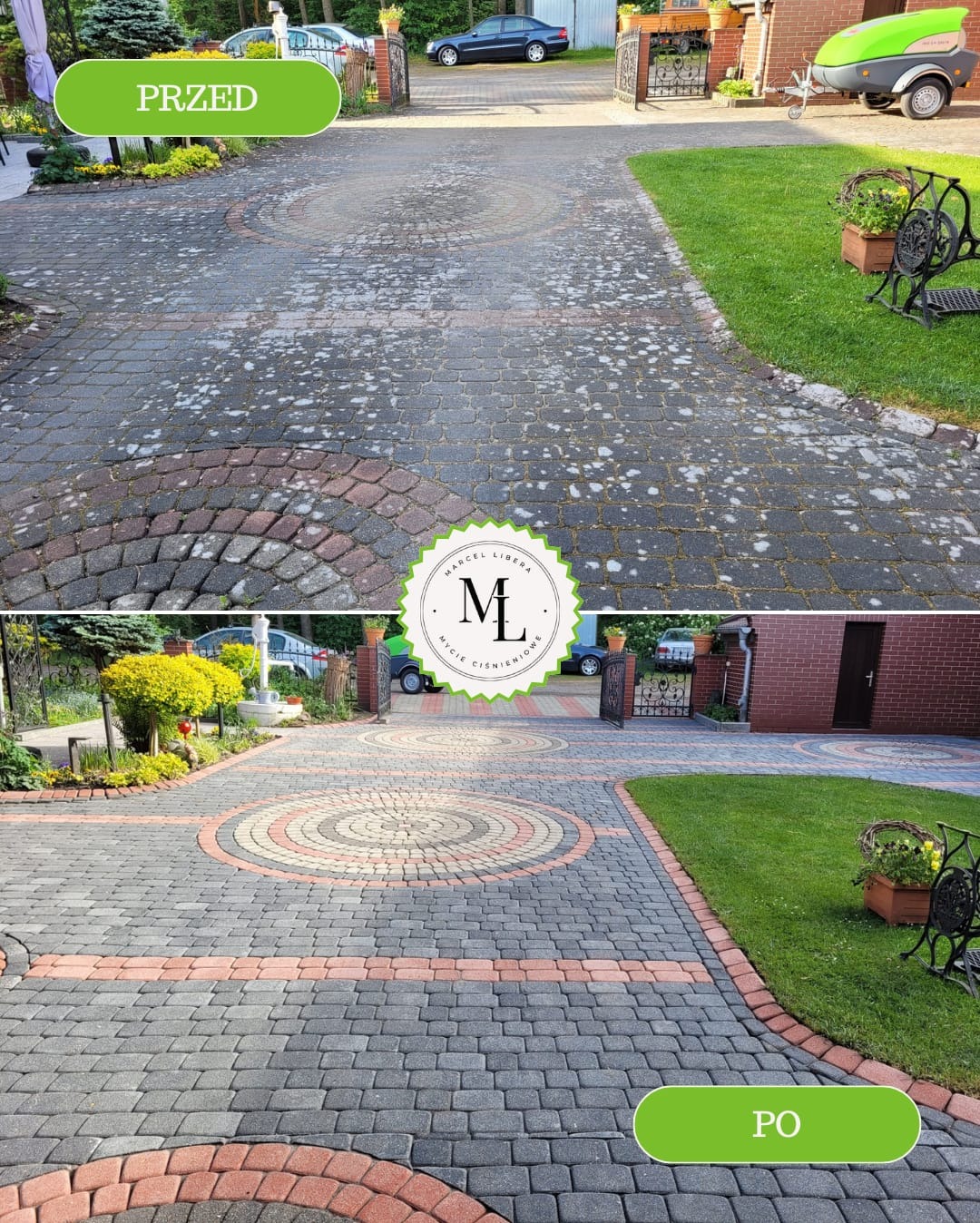 Porównanie stanu kostki brukowej przed i po czyszczeniu ciśnieniowym, ukazujące usunięcie zabrudzeń i przywrócenie pierwotnego koloru szaro-czerwonej kostki ułożonej w geometryczny wzór na podjeździe.