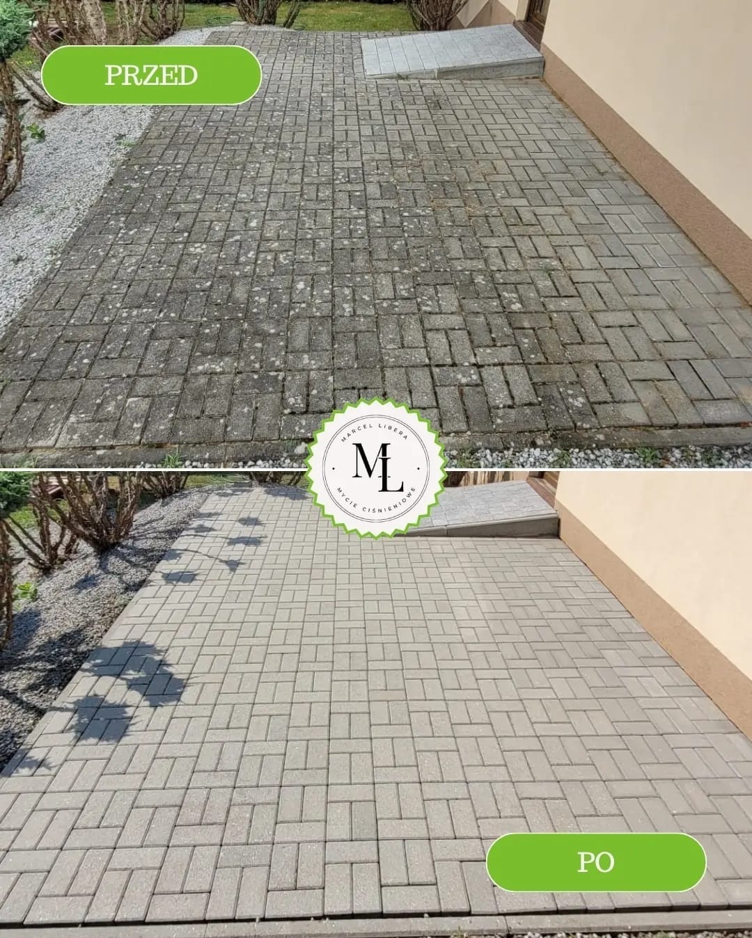 Porównanie stanu kostki brukowej przed i po czyszczeniu, widoczne różnice w kolorze i czystości, z logo firmy pośrodku.