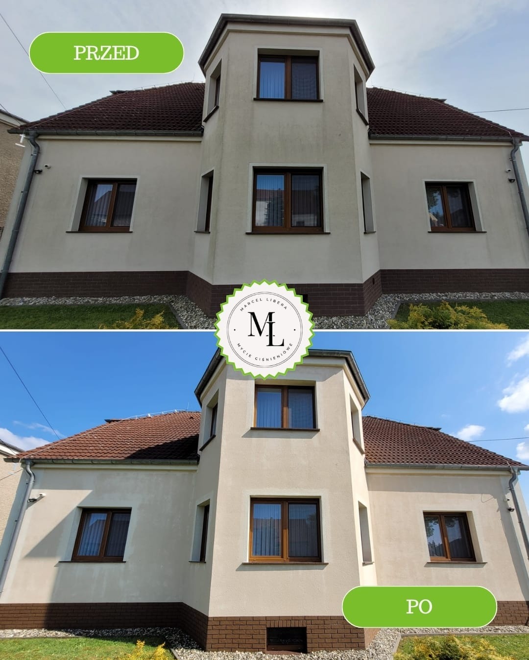 Dom jednorodzinny przed i po czyszczeniu elewacji, widoczne wyraźne różnice w kolorze i czystości tynku, zieleń trawnika w podobnym stanie w obu ujęciach.