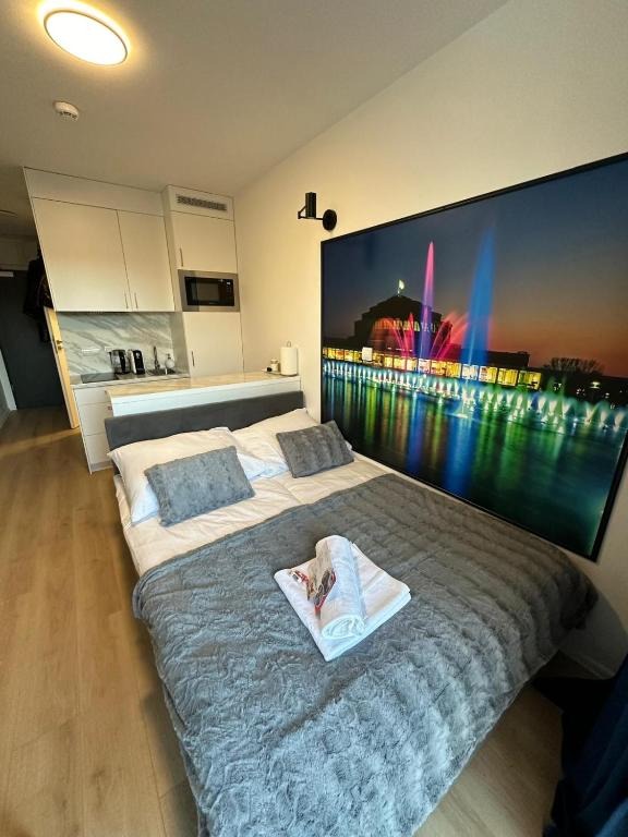 Kompaktowa kawalerka z aneksem kuchennym i łóżkiem małżeńskim z szarą narzutą i ręcznikami, nad łóżkiem duży obraz w ramie z fontanną.