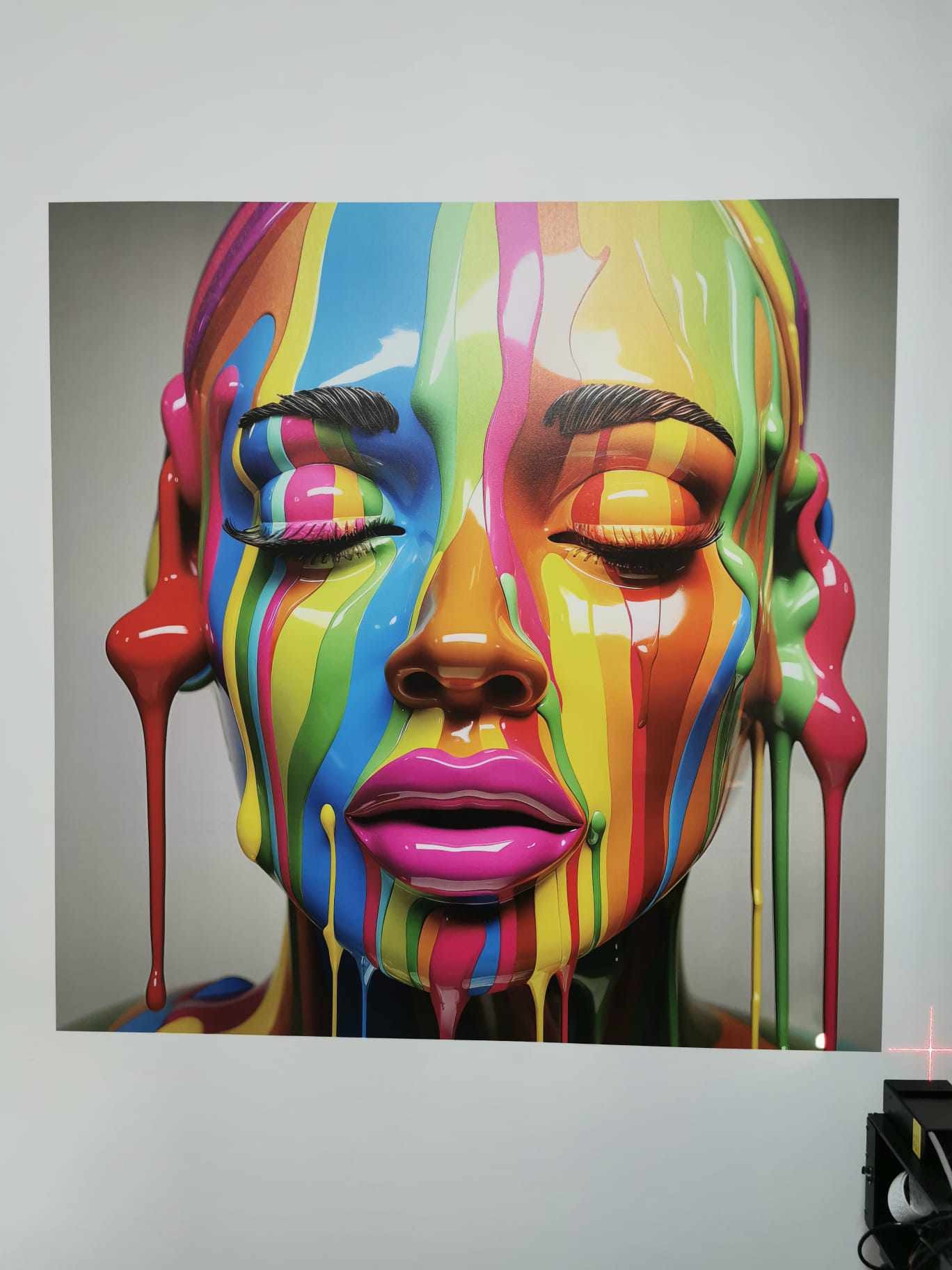 Plakat z abstrakcyjnym portretem kobiety, którego twarz pokryta jest spływającymi, kolorowymi farbami w odcieniach tęczy, z mocnym akcentem na różowe usta i zamknięte oczy z wyraźnie podkreślonymi...