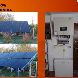 OZE BROKER SPÓŁKA Z OGRANICZONĄ ODPOWIEDZIALNOŚCIĄ - Dwa ujęcia instalacji z paneli słonecznych na zewnątrz budynku, obok widoczny inwerter i magazyn energii wewnątrz pomieszczenia z białą ścianą i brązowymi drzwiami.