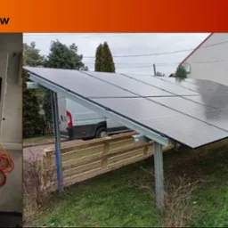 Instalacja fotowoltaiczna 5.7 kW na metalowej konstrukcji, z widocznym inwerterem i magazynem energii CHISAGE ESS na ścianie budynku w tle, częściowo zasłonięta przez biały samochód dostawczy.