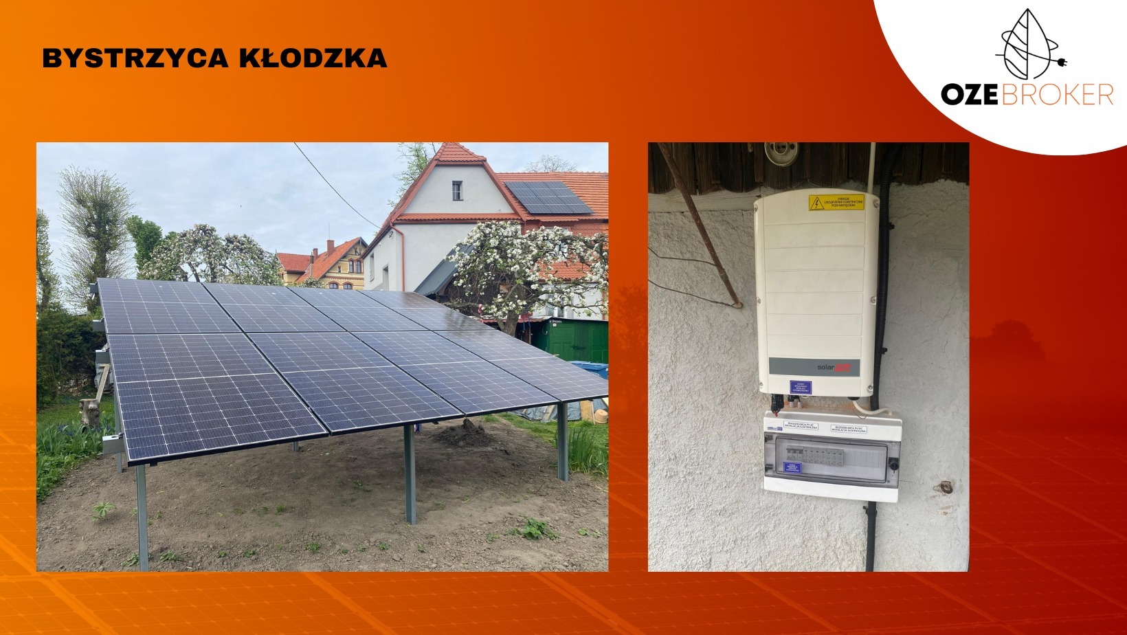 Panel fotowoltaiczny na metalowej konstrukcji w ogrodzie, obok budynku mieszkalnego z instalacją fotowoltaiczną na dachu oraz falownik i skrzynka elektryczna zamontowane na ścianie budynku.