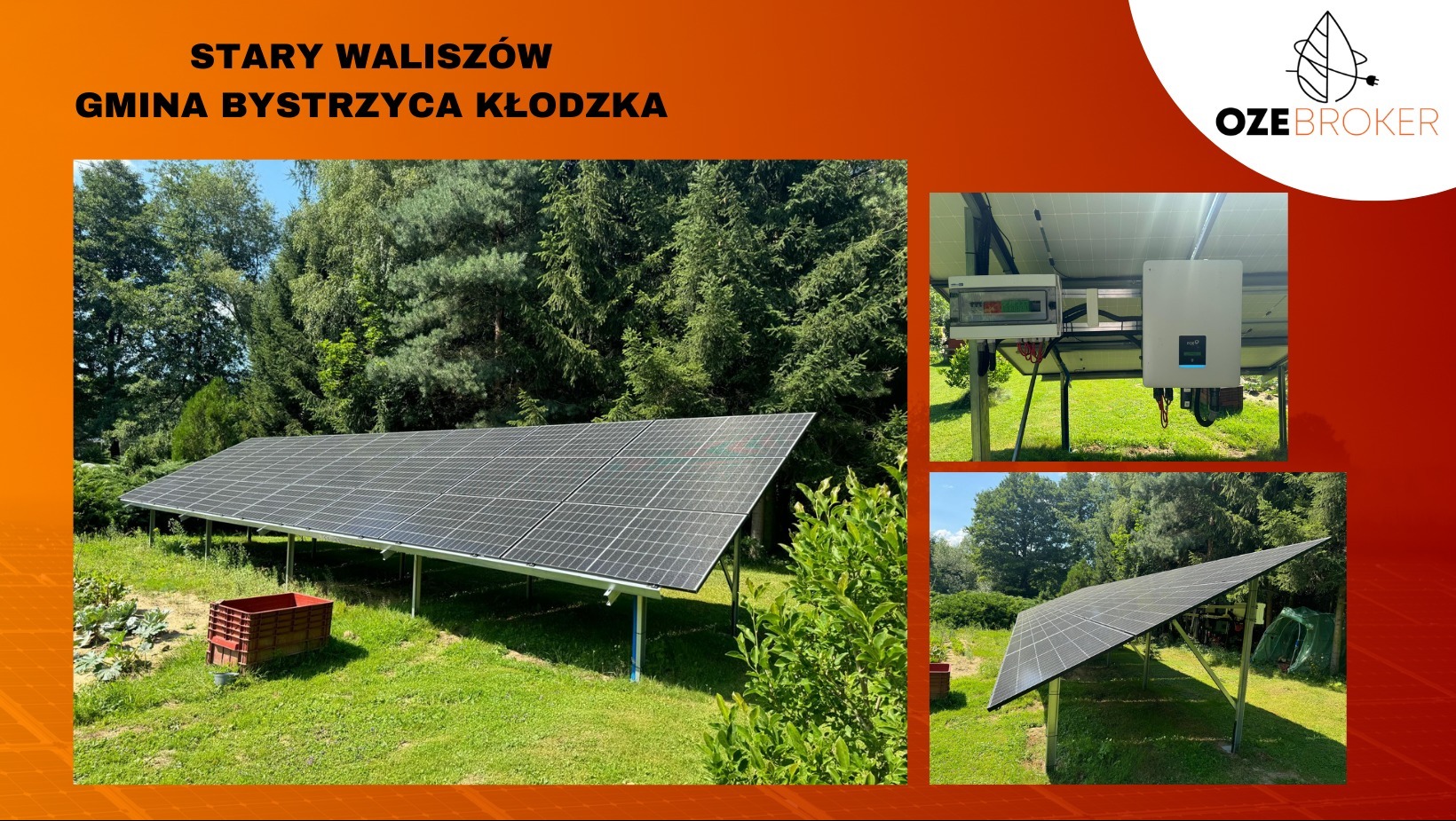 Instalacja paneli słonecznych na zielonej działce w Starym Waliszowie, Gmina Bystrzyca Kłodzka, widoczny falownik i skrzynka elektryczna, w tle drzewa i krzewy.